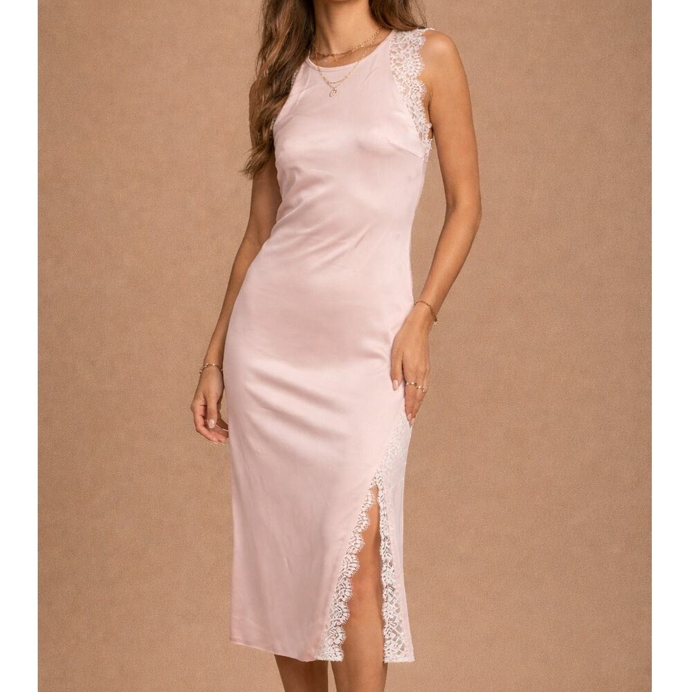 Peach Satin Lace Slip Dress Midi Small Coquette Romantic Future Collective